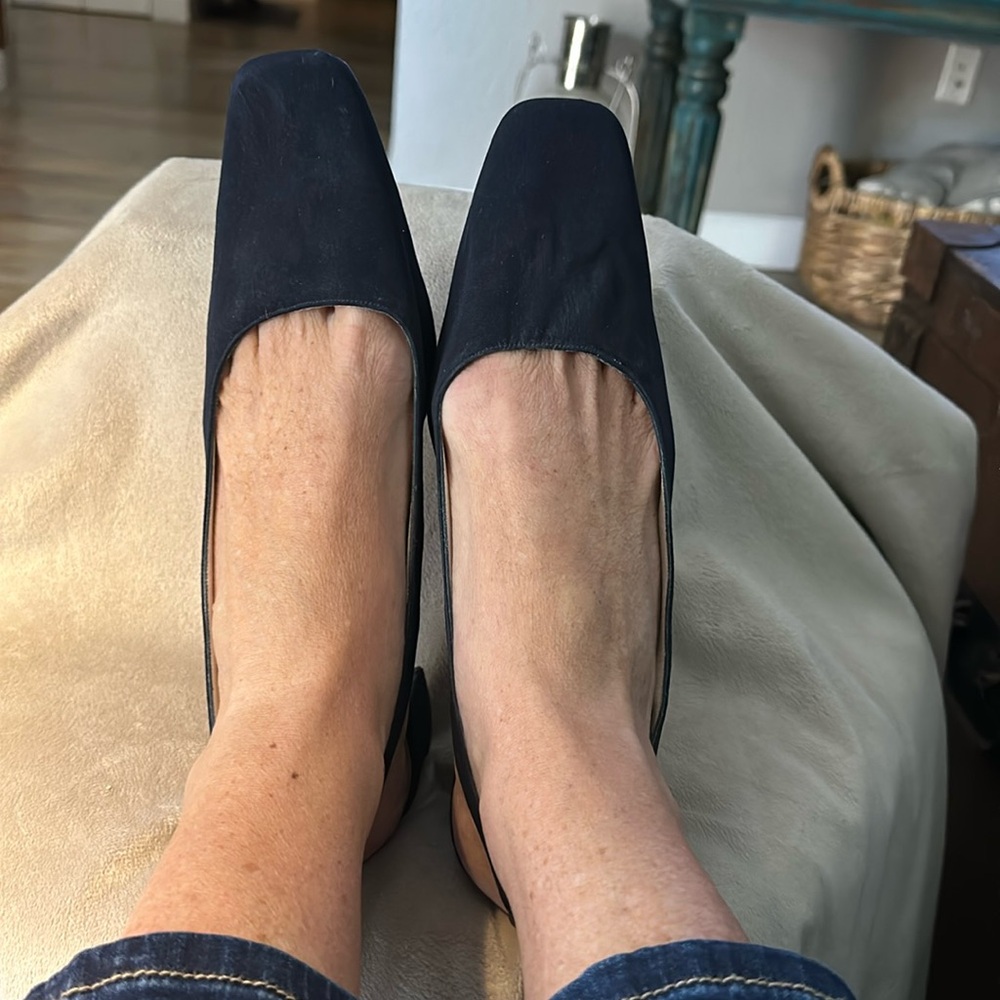 Navy blue sling back block heel